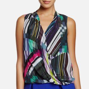 Trina Turk 100% Silk Layered Surplice V-Neck Sleeveless Top Pixel Stripes Size S